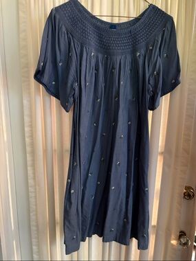 Old Navy smocked neckline embroidered chambray  blue  knee length dress